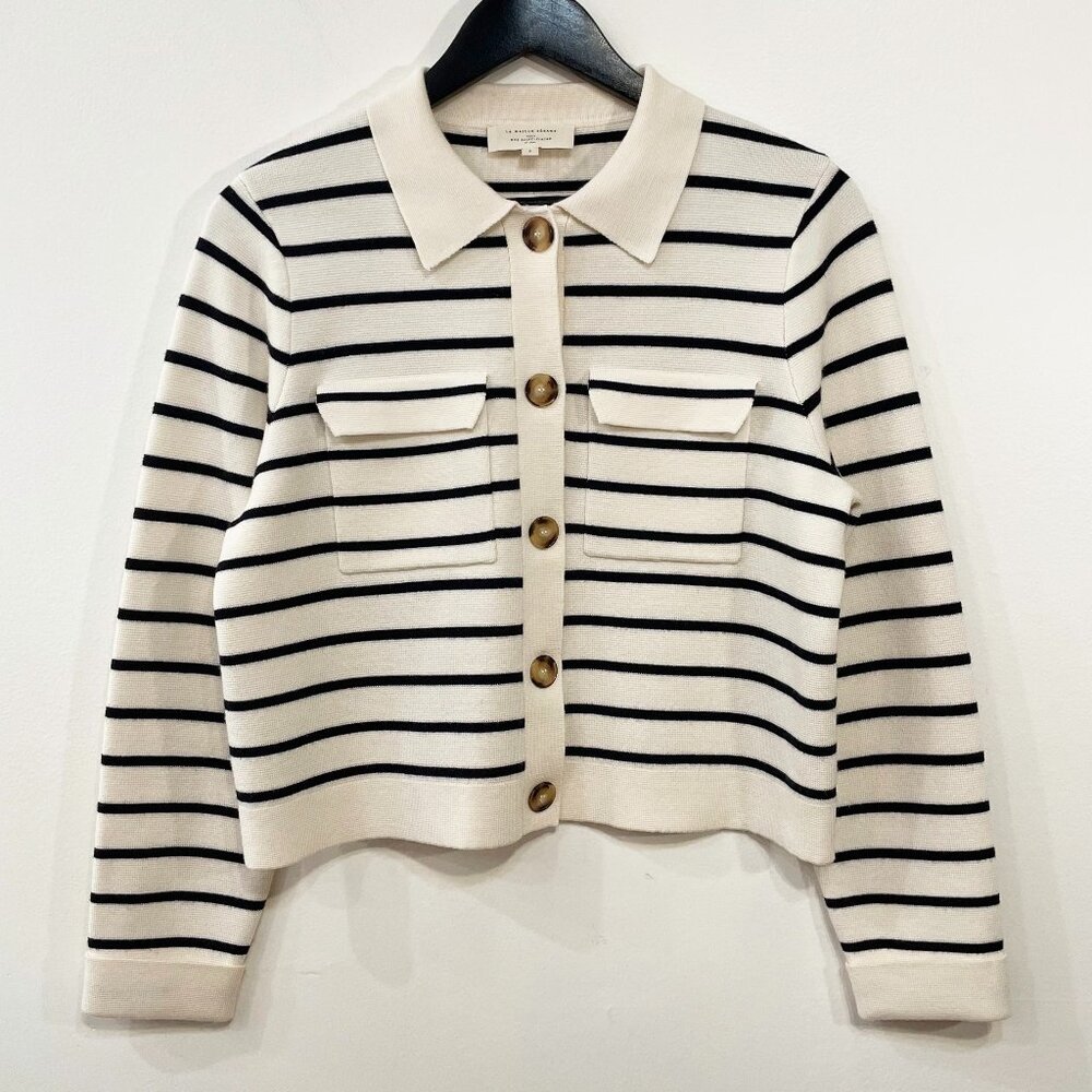 Last Call! EUC Sezane Betty Merino Wool Striped Collared Cardigan Ecru Navy S - Picture 3 of 9
